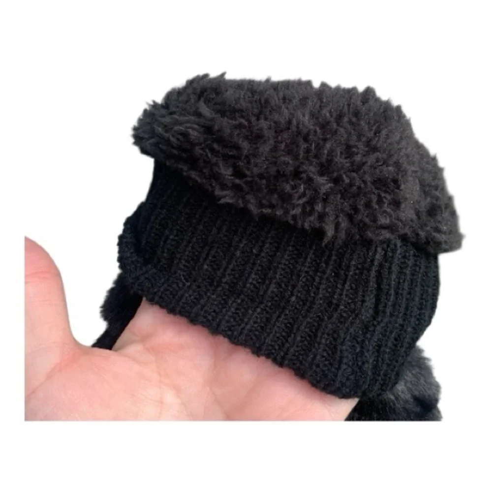 LOFT Black Cable Knit Faux Fur Beanie Hat Matching Faux Fur Mittens Fleece Lined